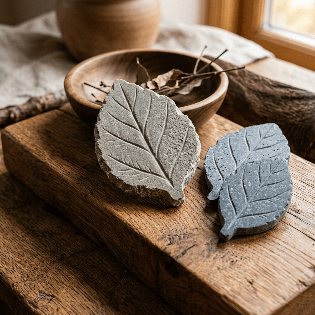 Two leaf-shaped ceramic pieces on a wooden board beside dried leaves